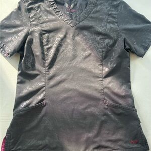 Smitten Black and Pink V-Neck Scrub Top. Size large